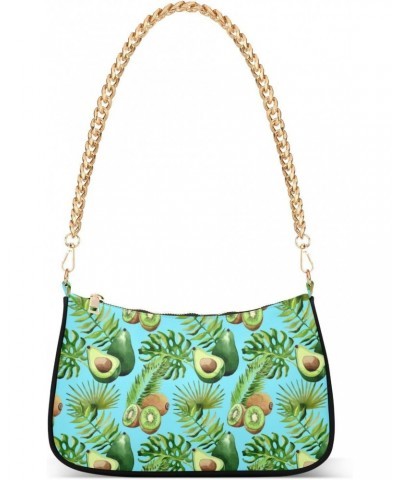 Women Chain Shoulder Purse Bag With Zipper Kiwi Avocado Watercolor Print, Tropical Hawaii Palm Tree Hobo Tote Clutch Handbags...