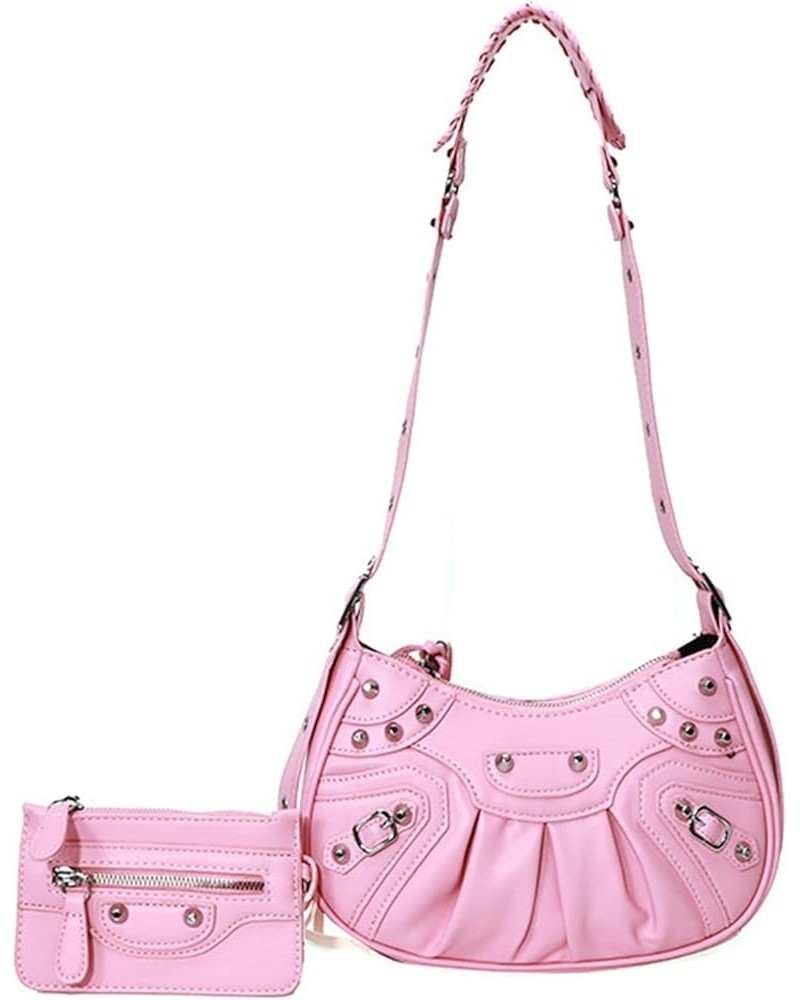 Shoulder Bags for Women Y2K Retro Cowboy Fabric Crossbody Bags with Heart Shaped Mirror Rhinestones Rivet Satchels Pink-slf $...