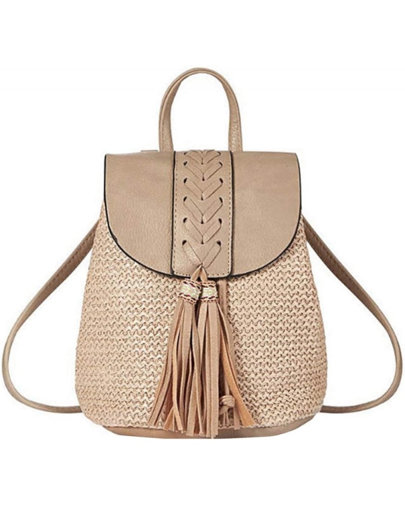 Women Mini Braid Tassels Straw Woven Backpack PU Leather Flap Drawstring Daypack Convertible Cross-body Bag Mini Khaki $19.73...