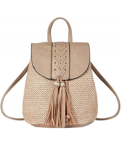 Women Mini Braid Tassels Straw Woven Backpack PU Leather Flap Drawstring Daypack Convertible Cross-body Bag Mini Khaki $19.73...