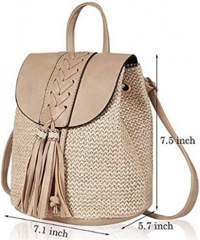 Women Mini Braid Tassels Straw Woven Backpack PU Leather Flap Drawstring Daypack Convertible Cross-body Bag Mini Khaki $19.73...