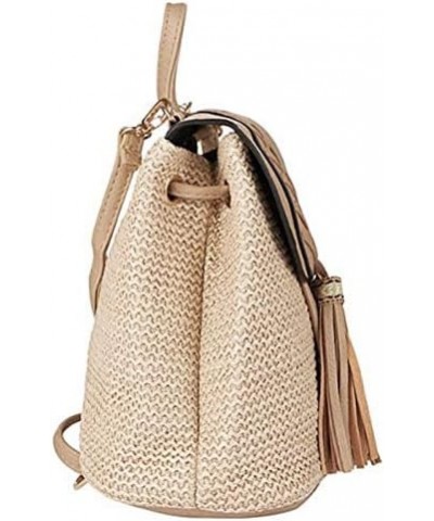 Women Mini Braid Tassels Straw Woven Backpack PU Leather Flap Drawstring Daypack Convertible Cross-body Bag Mini Khaki $19.73...