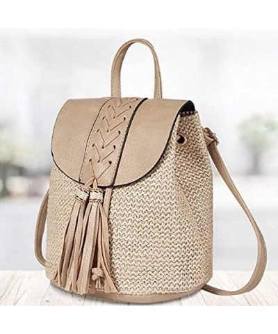 Women Mini Braid Tassels Straw Woven Backpack PU Leather Flap Drawstring Daypack Convertible Cross-body Bag Mini Khaki $19.73...