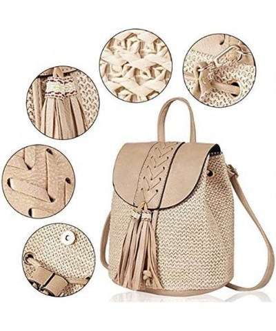 Women Mini Braid Tassels Straw Woven Backpack PU Leather Flap Drawstring Daypack Convertible Cross-body Bag Mini Khaki $19.73...