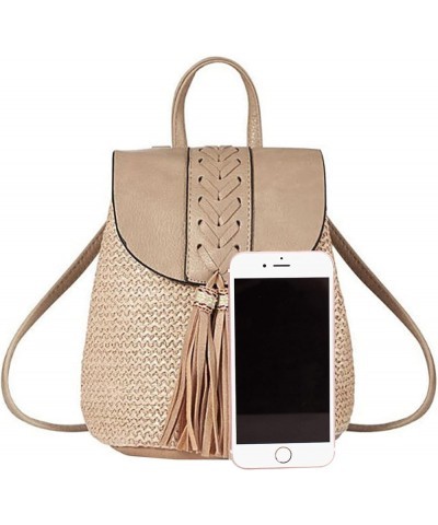 Women Mini Braid Tassels Straw Woven Backpack PU Leather Flap Drawstring Daypack Convertible Cross-body Bag Mini Khaki $19.73...