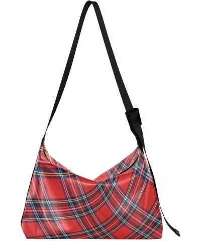 Hobo Shoulder Bag for Women Men PU Leather Crossbody Bag Slouchy Tote Handbags for Travel Work Stewart Tartan Plaid Red $18.1...