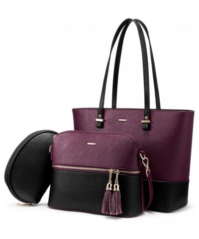 Purses and Handbags for Women Fashion Tote Bags Shoulder Bag Top Handle Satchel Bags 3pcs-2 Purple/Black $17.15 Totes