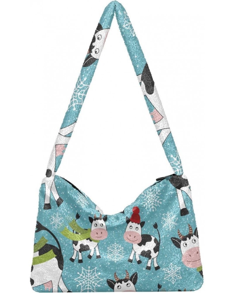 Snowflakes Cow Shoulder Tote Bags for Women Furry Crossbody bag Hobo Handbag Purses for Travel Work College $8.61 Totes