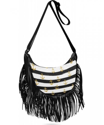 Gold Anchor Black Striped Fringe Bag for Women Cross Body Bag Tassel Shoulder Bag Satchel $14.30 Crossbody Bags