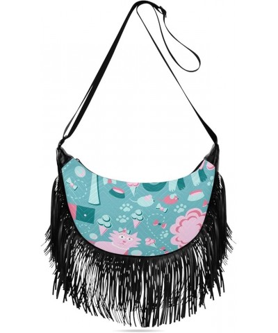 Women Fringe Tassel Cross Body Bag Floral Stripes Blue Leisure Shoulder Bag Color150 $12.16 Crossbody Bags