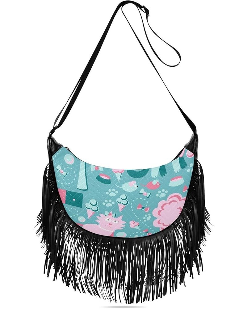 Women Fringe Tassel Cross Body Bag Floral Stripes Blue Leisure Shoulder Bag Color150 $12.16 Crossbody Bags