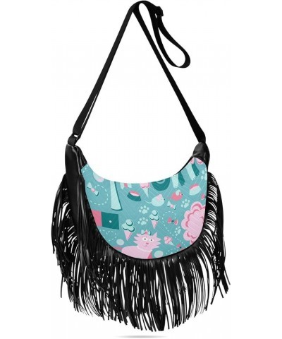 Women Fringe Tassel Cross Body Bag Floral Stripes Blue Leisure Shoulder Bag Color150 $12.16 Crossbody Bags