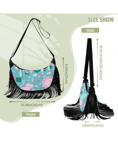 Women Fringe Tassel Cross Body Bag Floral Stripes Blue Leisure Shoulder Bag Color150 $12.16 Crossbody Bags