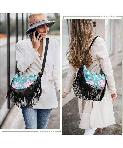 Women Fringe Tassel Cross Body Bag Floral Stripes Blue Leisure Shoulder Bag Color150 $12.16 Crossbody Bags