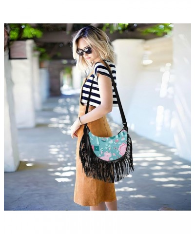 Women Fringe Tassel Cross Body Bag Floral Stripes Blue Leisure Shoulder Bag Color150 $12.16 Crossbody Bags