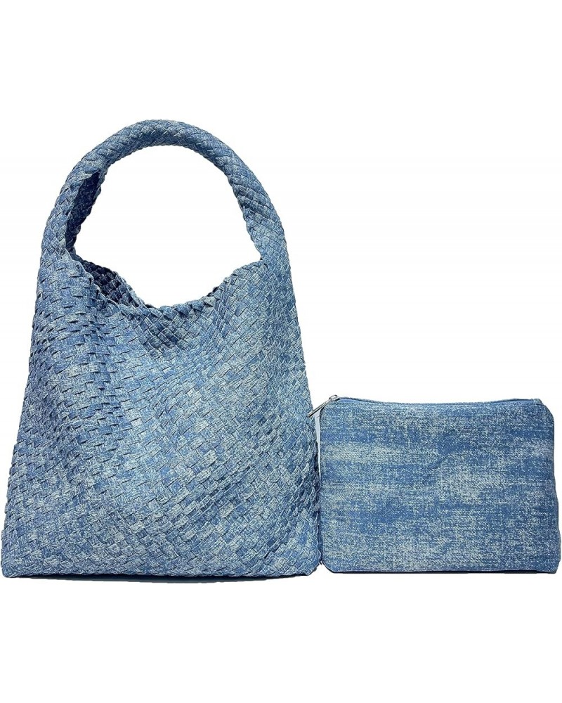 Woven Bag For Women,Denim Bag,Handmade Woven Shoulder Bag for Women,Large Capacity,Tote bag with purse Denim Light Blue $31.7...