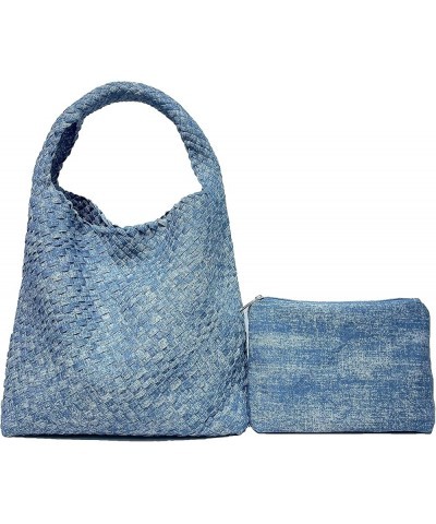 Woven Bag For Women,Denim Bag,Handmade Woven Shoulder Bag for Women,Large Capacity,Tote bag with purse Denim Light Blue $31.7...