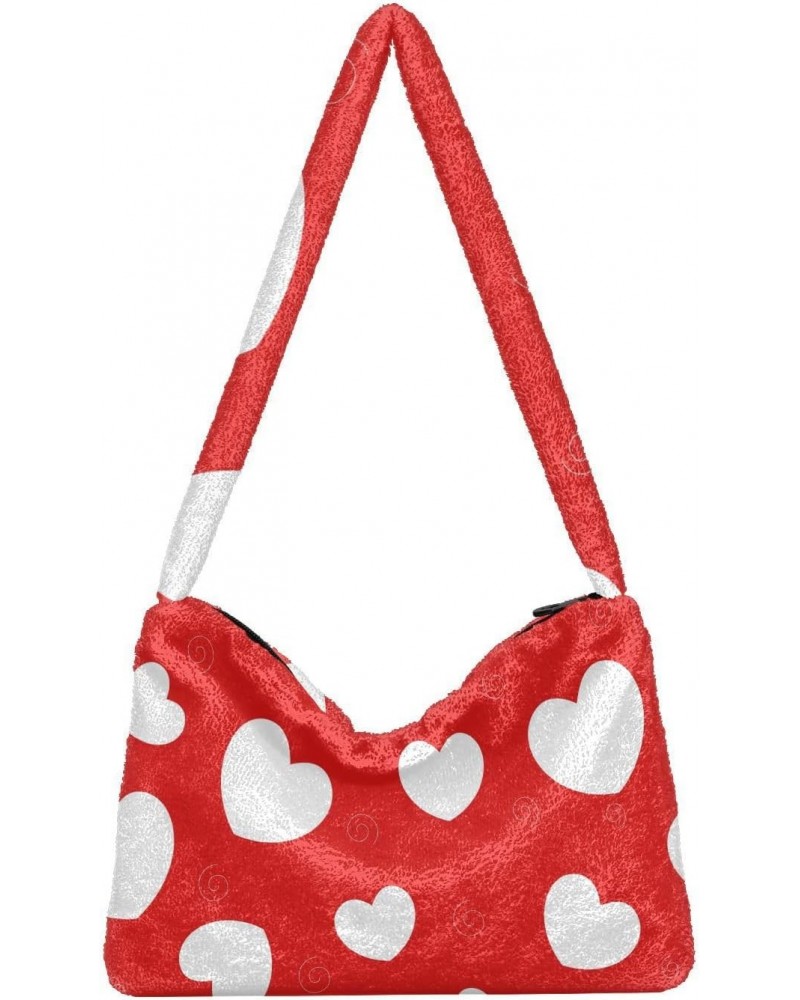 Red Love Hearts Furry Tote Bag for Women Crossbody Bag Shoulder Handbag Handbag with Zipper for Women Work $11.12 Totes