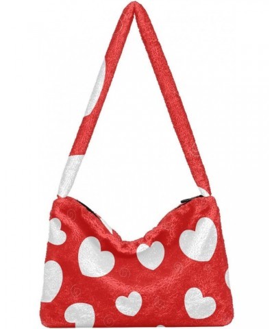 Red Love Hearts Furry Tote Bag for Women Crossbody Bag Shoulder Handbag Handbag with Zipper for Women Work $11.12 Totes