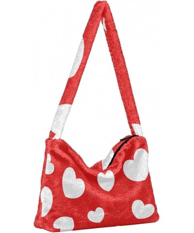 Red Love Hearts Furry Tote Bag for Women Crossbody Bag Shoulder Handbag Handbag with Zipper for Women Work $11.12 Totes