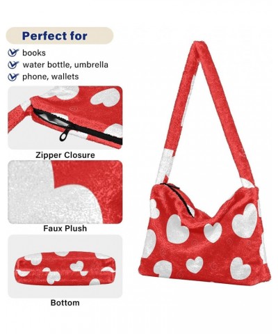 Red Love Hearts Furry Tote Bag for Women Crossbody Bag Shoulder Handbag Handbag with Zipper for Women Work $11.12 Totes