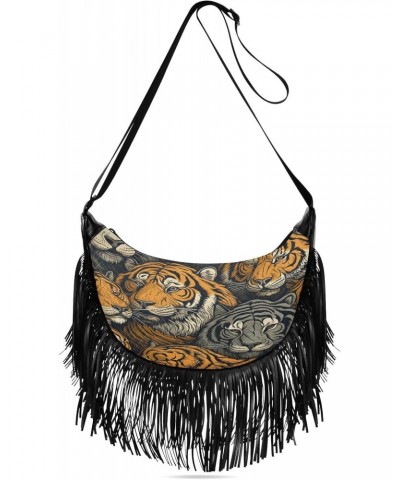 Women's Fringe Crossbody Tassel Purse Tiger Family Hobo Shoulder Bags Crossbody Handbag with Adjustable Shoulder Straps $15.1...