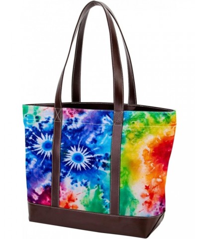 Tie Dye Canvas Leather Mix Handbag - 13.3x4.7x12.2 in - Stylish and Spacious Tote Bag for Women $23.52 Totes