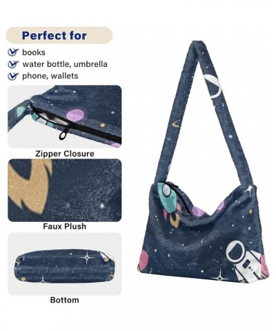 Ladies Soft Plush Underarm Bag Space-astronaut-rocket-galaxy Fluffy Shoulder Bag Women Furry Purse Handbag $18.23 Shoulder Bags