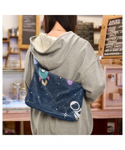 Ladies Soft Plush Underarm Bag Space-astronaut-rocket-galaxy Fluffy Shoulder Bag Women Furry Purse Handbag $18.23 Shoulder Bags