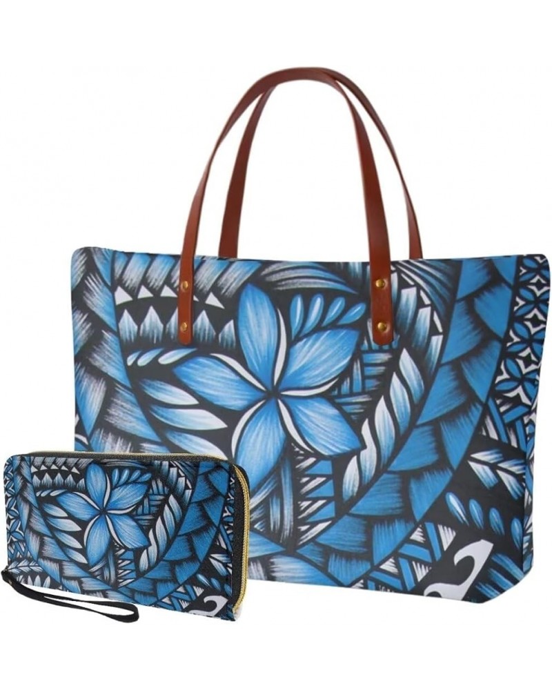 Purse and Wallet Set, Large Tote and Wallet Set for Women, Lightweight Purses Set Polynesia Style Plumeria Print-blue $23.52 ...