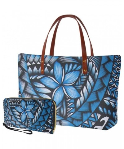 Purse and Wallet Set, Large Tote and Wallet Set for Women, Lightweight Purses Set Polynesia Style Plumeria Print-blue $23.52 ...