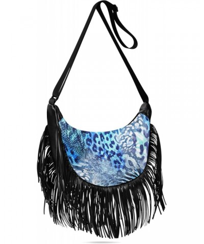 Tassel Crossbody Bag Wild Africa Leopard Print Vinage Blue Women Fringe Boho Handbag Hippie Purse Vintage Bohemian Shoulder B...