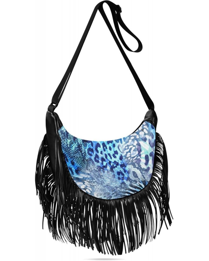 Tassel Crossbody Bag Wild Africa Leopard Print Vinage Blue Women Fringe Boho Handbag Hippie Purse Vintage Bohemian Shoulder B...