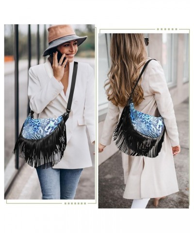 Tassel Crossbody Bag Wild Africa Leopard Print Vinage Blue Women Fringe Boho Handbag Hippie Purse Vintage Bohemian Shoulder B...