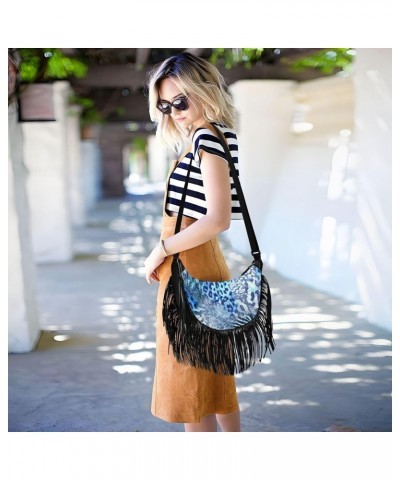 Tassel Crossbody Bag Wild Africa Leopard Print Vinage Blue Women Fringe Boho Handbag Hippie Purse Vintage Bohemian Shoulder B...