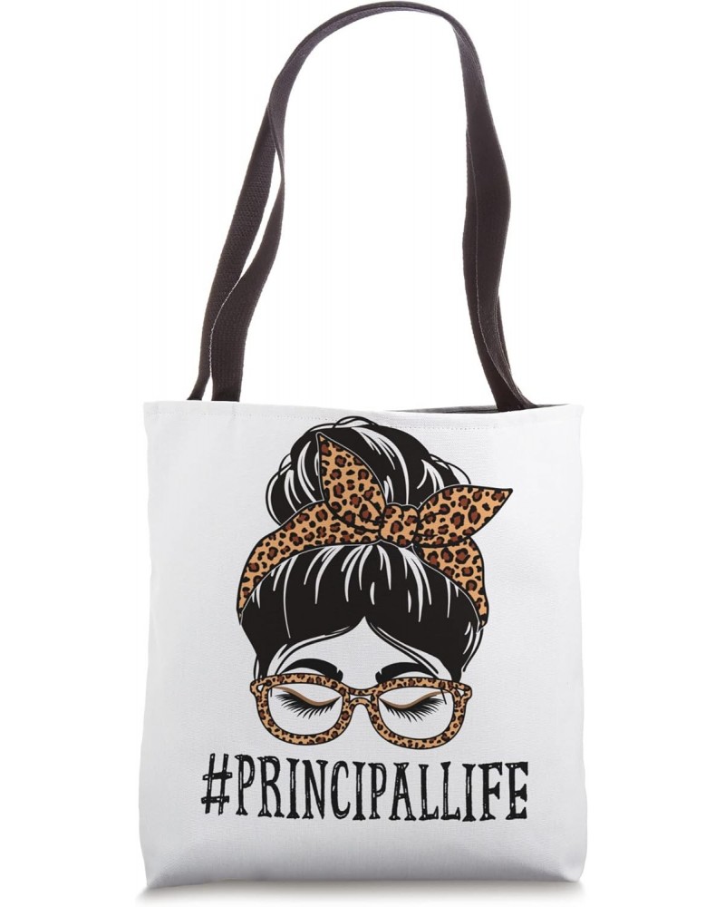 Principal Leopard Messy Bun Women Back To School Tote Bag $11.89 Totes