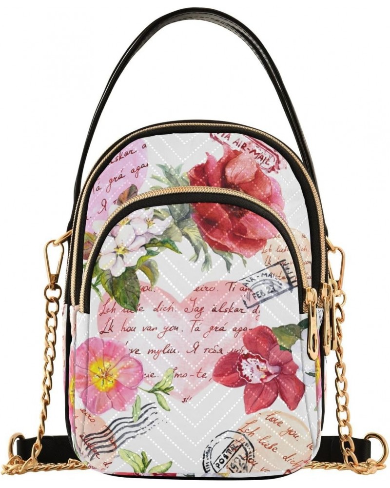 Flowers Postal Stamps Crossbody Bag for Women Cell Phone Purse Wallet with Removable Chain Shoulder Handbag for Travel Passpo...