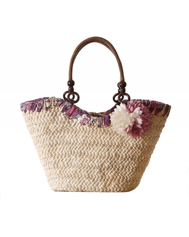 Lady Fresh Straw Bag Flower Shoulder Bag Vacation Travel Beach Bag Purple $26.09 Clutches