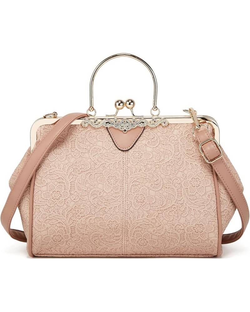 Women's Retro Handbag Kiss Lock Shoulder Purse PU Leather Tote Satchel with Lace Pink $27.64 Totes