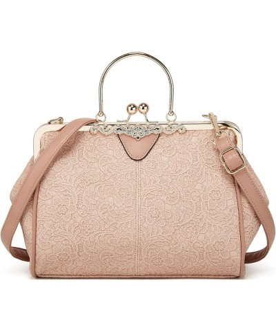 Women's Retro Handbag Kiss Lock Shoulder Purse PU Leather Tote Satchel with Lace Pink $27.64 Totes