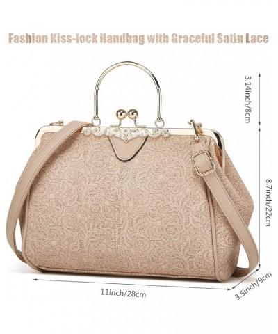 Women's Retro Handbag Kiss Lock Shoulder Purse PU Leather Tote Satchel with Lace Pink $27.64 Totes