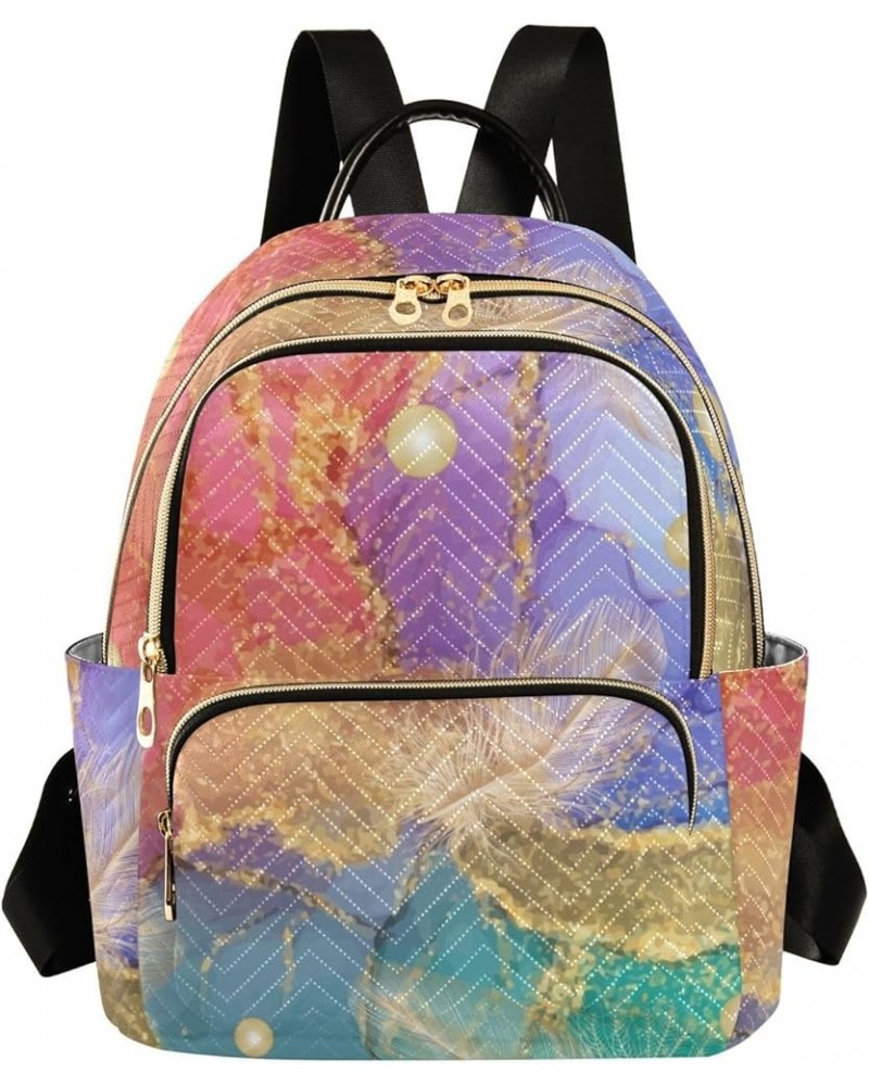 Backpack Purse for Women Colorful Golden Feathers, Mini Fashion Backpack Luxury Pearl Lightweight Casual Daypack Shoulder Bag...