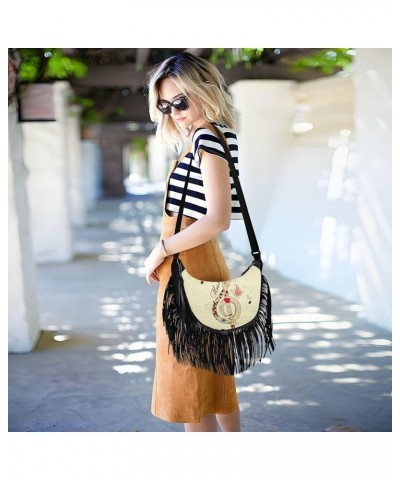 Women Fringe Tassel Cross Body Bag Colorful Heart on White Leisure Shoulder Bag Color512 $13.74 Crossbody Bags