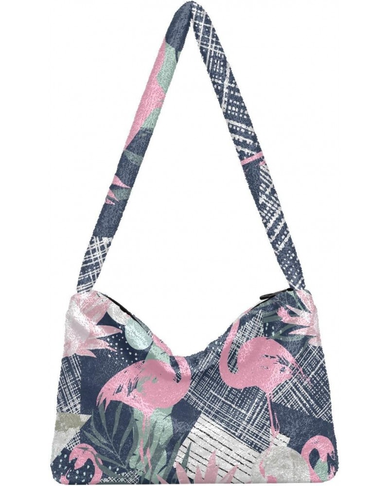 Abstract Flamingo Furry Tote Bag for Women Crossbody Bag Crossbody Bag Purse Casual Handbag with Zipper for Winter $9.45 Totes