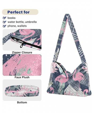 Abstract Flamingo Furry Tote Bag for Women Crossbody Bag Crossbody Bag Purse Casual Handbag with Zipper for Winter $9.45 Totes