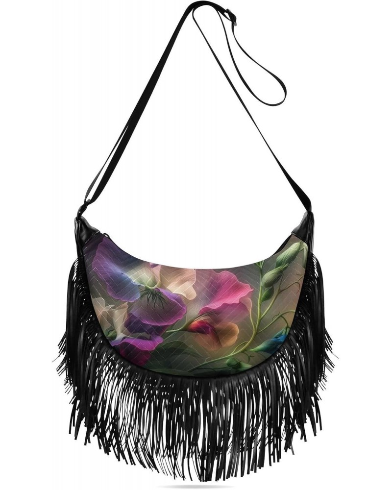 Purple White Floral Women Fringe Crossbody Bags with Zipper Women Saddle Tassel Hobo Bag, with Adjustable Strap for Women Dai...