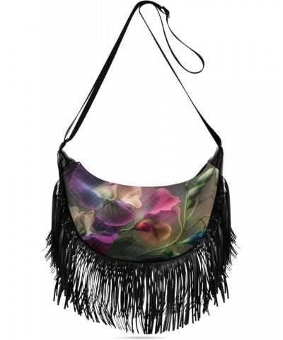 Purple White Floral Women Fringe Crossbody Bags with Zipper Women Saddle Tassel Hobo Bag, with Adjustable Strap for Women Dai...