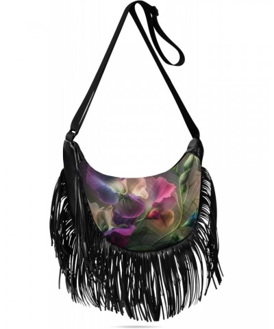 Purple White Floral Women Fringe Crossbody Bags with Zipper Women Saddle Tassel Hobo Bag, with Adjustable Strap for Women Dai...