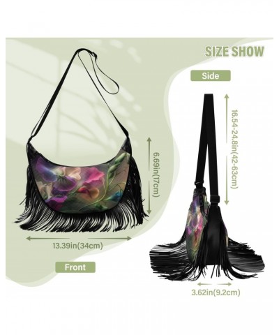 Purple White Floral Women Fringe Crossbody Bags with Zipper Women Saddle Tassel Hobo Bag, with Adjustable Strap for Women Dai...