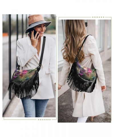 Purple White Floral Women Fringe Crossbody Bags with Zipper Women Saddle Tassel Hobo Bag, with Adjustable Strap for Women Dai...